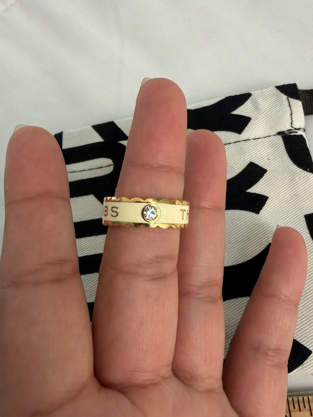 Marc Jacobs Gold Tone Cream Enamel Crystal Accent Ring